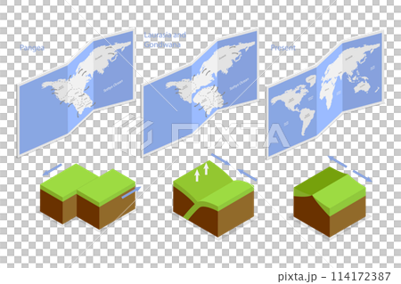 3D Isometric Flat  Conceptual Illustration of Continental Drift Chronological Movement, Changes of Earth Map 114172387