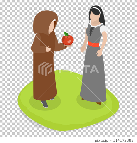 3D Isometric Flat  Conceptual Illustration of Snow White, Getting an Apple From an Old Evil Witch 114172395