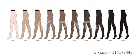 Set of different Den Denier Opaques Tights Pantyhose on legs. Fashion accessory clothing technical illustration stocking 114172449