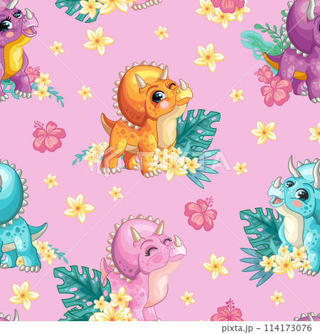 Cute dinosaur on a pink background seamless pattern vector 114173076