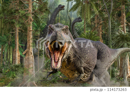 ティラノサウルスが大きな口を開けて威嚇をする 114173263