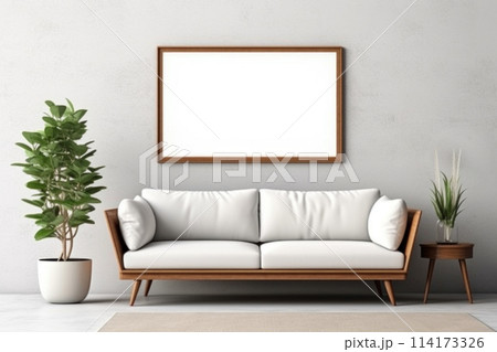 Poster mockup in modern mid-century living room interior with sofa. Frame mock up 114173326