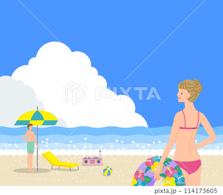 夏の素材：海で入道雲が出た青空を笑顔で見上げる水着の若い男女 114173605