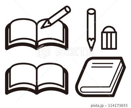 見開きのノートと教科書のモノクロアイコンイラストセット 114173655