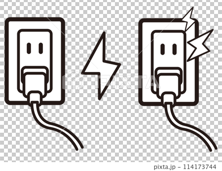 插入插座的插頭和電氣符號的單色圖示插圖 插入插座的插頭和電氣符號的單色圖示插圖 114173744
