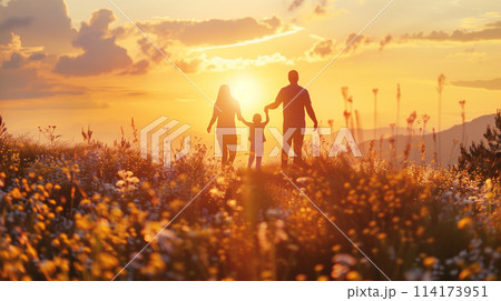 A family of three, a man, a woman and a child A family of three, a man, a woman and a child 114173951