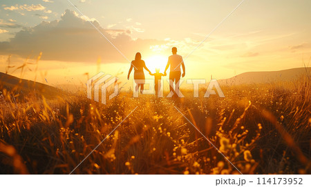 A family of three, a man, a woman and a child 114173952