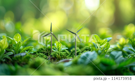 Two wind turbines are standing in a lush green field Two wind turbines are standing in a lush green field 114173958