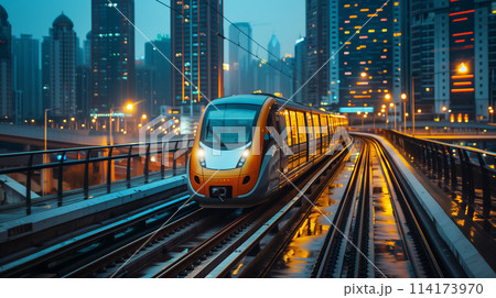 A train is traveling down a track in a city at night A train is traveling down a track in a city at night 114173970