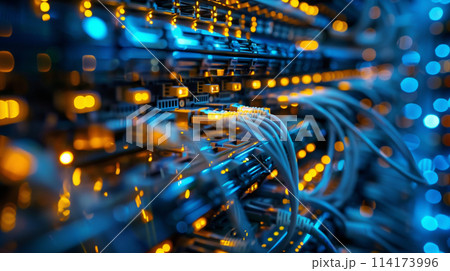 A computer network with many wires and cables A computer network with many wires and cables 114173996