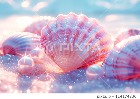 砂浜に打ち上げられた真珠とピンクの貝殻のある風景のイラスト素材