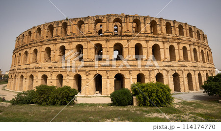 Impressive ruins of the largest colosseum in North Africa, huge Roman amphitheater in small village of El Jem, Tunisia Impressive ruins of the largest colosseum in North Africa, huge Roman amphitheater in small village of El Jem, Tunisia 114174770