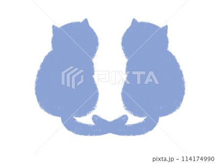 座って振り向いている2匹の猫のシルエット 青 座って振り向いている2匹の猫のシルエット 青 114174990
