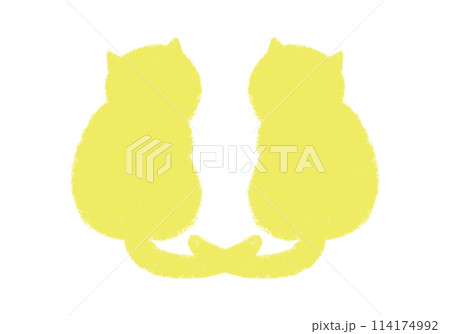 座って振り向いている2匹の猫のシルエット 黄色 座って振り向いている2匹の猫のシルエット 黄色 114174992