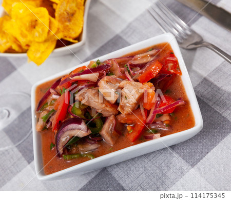 Ceviche served with fried banana in bowl Ceviche served with fried banana in bowl 114175345