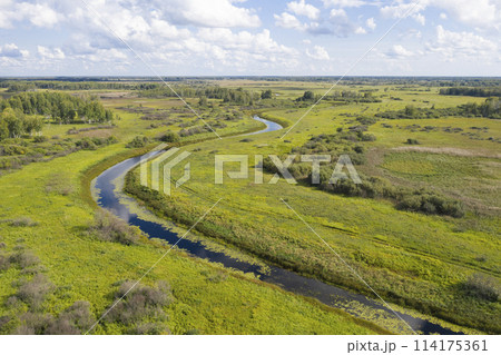 Aerial view of the Kargat River in summer, forests, swamps and boundless expanses of Siberia Aerial view of the Kargat River in summer, forests, swamps and boundless expanses of Siberia 114175361