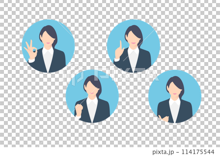 OK sign, fist pump, pointing, female business person making a proposal, icon style 114175544