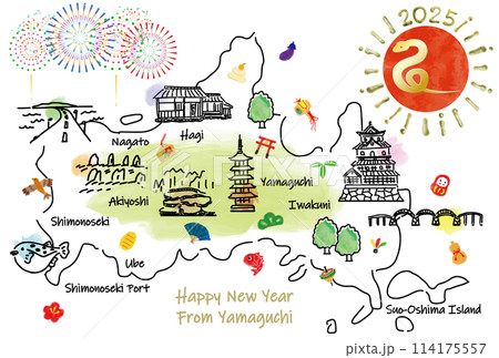 山口県の観光地のイラストマップ年賀状2025年 山口県の観光地のイラストマップ年賀状2025年 114175557