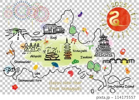 Illustrated map of tourist spots in Yamaguchi Prefecture New Year's card 2025 114175557