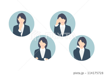 考え中、腕組み、悩み中、頭を抱える女性ビジネスパーソン、アイコン調 考え中、腕組み、悩み中、頭を抱える女性ビジネスパーソン、アイコン調 114175728