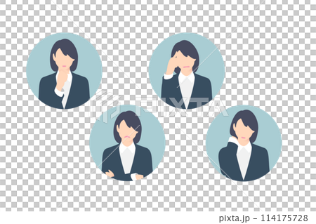考え中、腕組み、悩み中、頭を抱える女性ビジネスパーソン、アイコン調 考え中、腕組み、悩み中、頭を抱える女性ビジネスパーソン、アイコン調 114175728