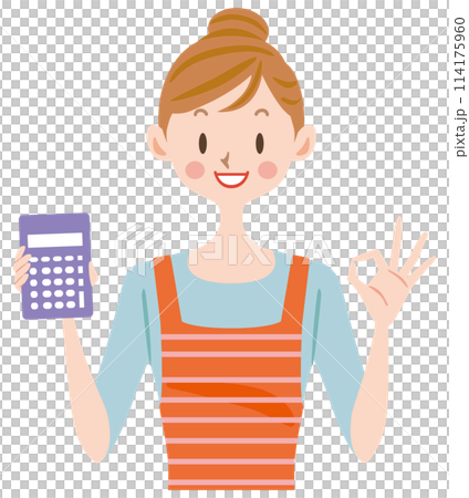 A housewife holding a calculator and giving an OK sign A housewife holding a calculator and giving an OK sign 114175960