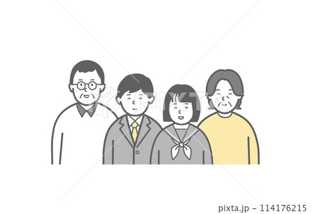笑顔の両親と学生の4人家族の上半身イラスト 笑顔の両親と学生の4人家族の上半身イラスト 114176215