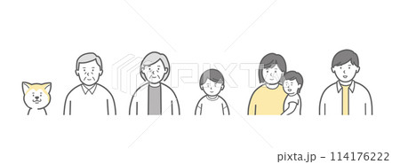 小さい子供と犬のいる二世帯家族の上半身イラスト_アイコン 小さい子供と犬のいる二世帯家族の上半身イラスト_アイコン 114176222