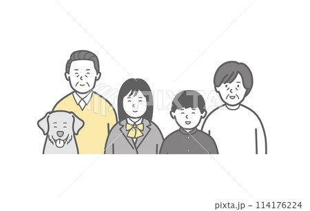 笑顔の両親と学生と犬のいる5人家族の上半身イラスト 114176224