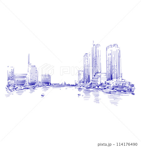 Drawing background in blue of Bangkok riverside cityscape Drawing background in blue of Bangkok riverside cityscape 114176490
