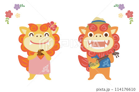 沖縄の三線と三板で演奏するシーサー/ベクターイラスト 114176610