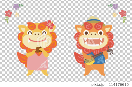 沖縄の三線と三板で演奏するシーサー/ベクターイラスト 114176610