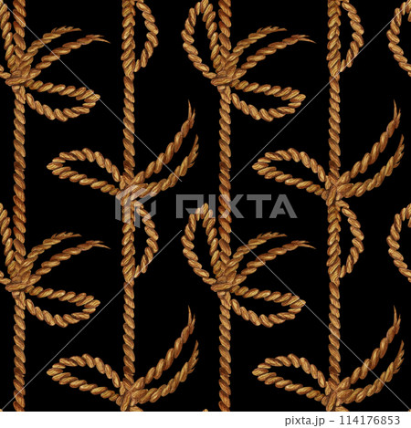 Seamless pattern of brown rope with stripes and bows from an old vintage postal writing set. Watercolor illustration for a themed template for Book Day, post office, nautical knots, antique store 114176853