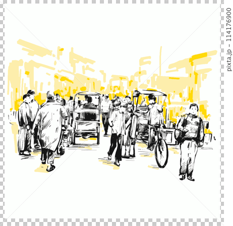 Drawing of people walking at local market in India yellow background  114176900