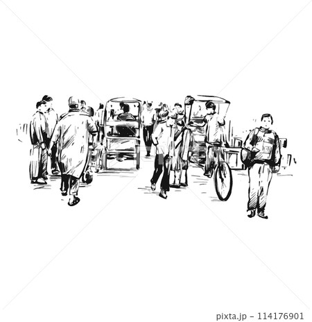 Drawing of people walking at local market in India 114176901