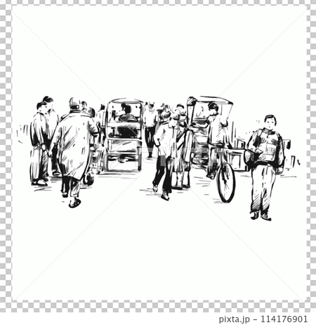 Drawing of people walking at local market in India 114176901