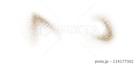 Sand dust powder splashes. Flow grit speckles and particles wave texture. Ground grain scatter element. Gritty explosion wind elements for overlay, poster, banner, brochure, leaflet. Vector backdrop 114177302