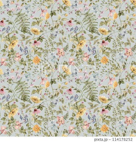 Beautiful summer floral seamless pattern with watercolor hand drawn flowers. Natural floral print. Stock illustration. Surface background and wallpaper design. 114178252