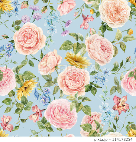 Beautiful summer floral seamless pattern with watercolor hand drawn rose flowers. Natural floral print with roses. Stock illustration. Surface background and wallpaper design. 114178254