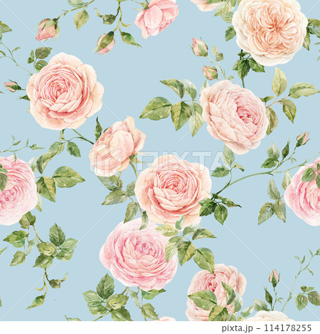 Beautiful summer floral seamless pattern with watercolor hand drawn rose flowers. Natural floral print with roses. Stock illustration. Surface background and wallpaper design. 114178255