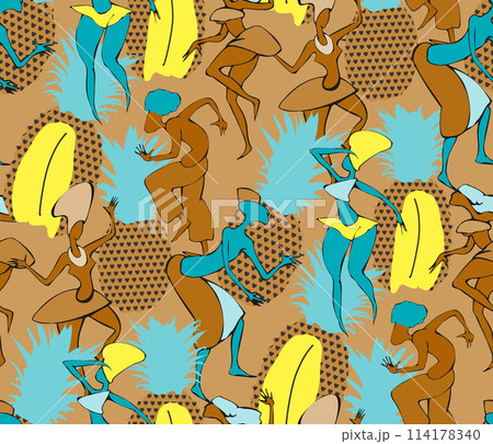 Colorful seamless pattern with application dancing african people and pineapple for your design Colorful seamless pattern with application dancing african people and pineapple for your design 114178340