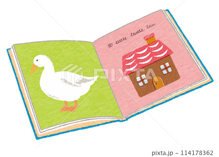 アヒルと家の絵のページを開いた、かわいい絵本 114178362