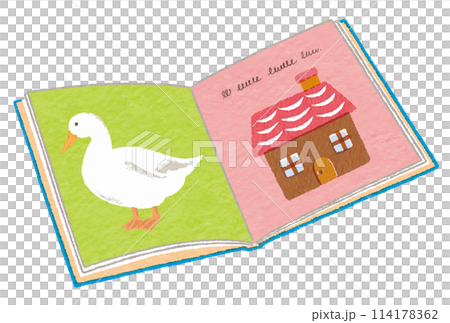 A cute picture book opened to a page with pictures of ducks and a house 114178362