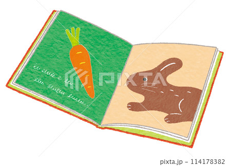 ニンジンとウサギの絵のページを開いた、かわいい絵本 114178382