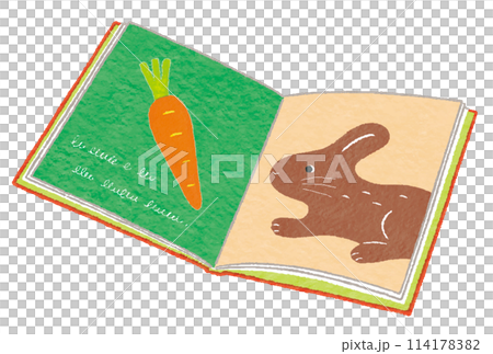 ニンジンとウサギの絵のページを開いた、かわいい絵本 114178382