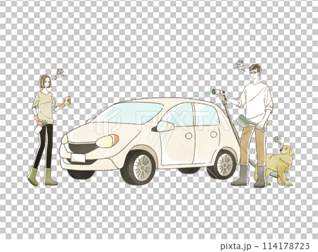 困った表情で洗車をしている男女 114178723