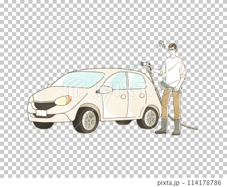 A man washing a car with a troubled expression 114178786