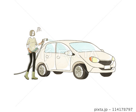 困った表情で洗車をしている女性 困った表情で洗車をしている女性 114178797