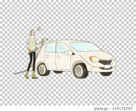 洗車的女人一臉困惑的表情 114178797