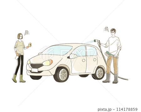 困った表情で洗車をしている男女 114178859